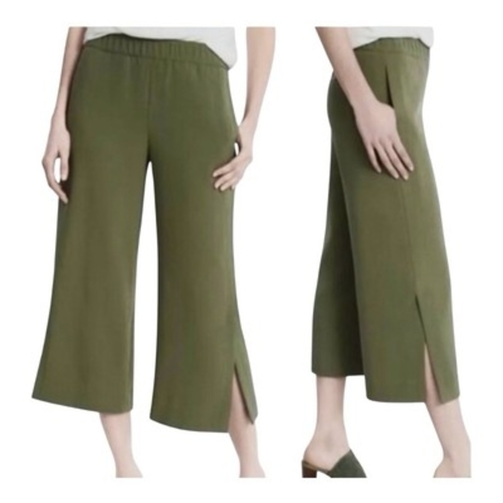 White House Black Market Olive Green Wide Leg Crop High Rise Stretch Pants Sz 8